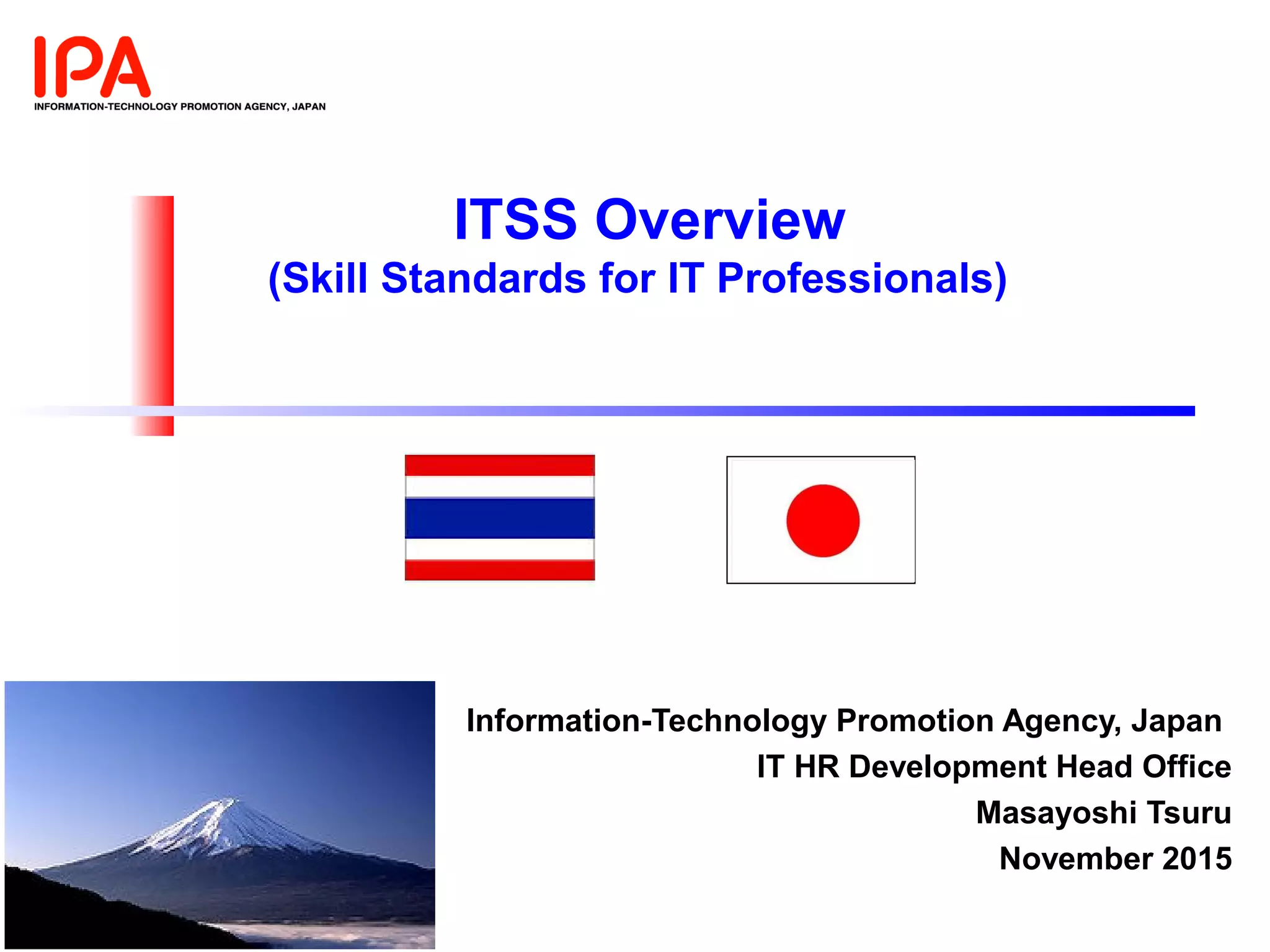 Information-Technology Promotion Agency, Japan
IT HR Development Head Office
Masayoshi Tsuru
November 2015
ITSS Overview
(Skill Standards for IT Professionals)
 
