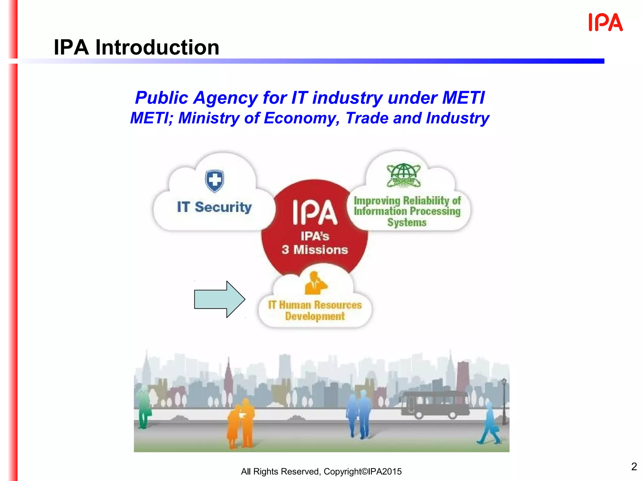 IPA Introduction
Public Agency for IT industry under METI
METI; Ministry of Economy, Trade and Industry
2All Rights Reserved, Copyright©IPA2015
 