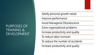 PURPOSES OF
TRAINING &
DEVELOPMENT
Satisfy personal growth needs
Improve performance
Avoid Managerial Obsolescence
Solve organizational problems
Increase productivity and quality
To reduce labor turnover
To reduce the number of accidents
Increase productivity and quality
 