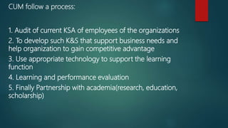 CUM follow a process:
1. Audit of current KSA of employees of the organizations
2. To develop such K&S that support business needs and
help organization to gain competitive advantage
3. Use appropriate technology to support the learning
function
4. Learning and performance evaluation
5. Finally Partnership with academia(research, education,
scholarship)
 