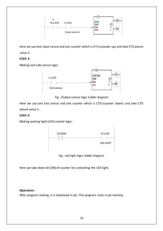 16
Here we use one input sensor and one counter which is CTU (counter up) and take CTU preset
value 5.
STEP: 3
Making exit side sensor logic:
Fig : Output sensor logic ladder diagram
Here we use one Exit sensor and one counter which is CTD (counter down) and take CTD
preset value 5.
STEP: 4
Making parking light (LED) control logic:
Fig : led light logic ladder diagram
Here we take done bit (DN) of counter for controlling the LED light.
Operation:
After program making, it is download in plc. This program store in plc memory.
 
