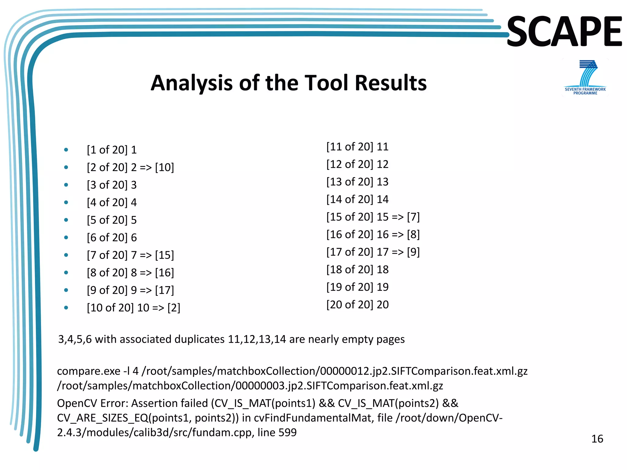 SCAPE
                  Analysis of the Tool Results

 •   [1 of 20] 1                                     [11 of 20] 11
 •   [2 of 20] 2 => [10]                             [12 of 20] 12
 •   [3 of 20] 3                                     [13 of 20] 13
 •   [4 of 20] 4                                     [14 of 20] 14
 •   [5 of 20] 5                                     [15 of 20] 15 => [7]
 •   [6 of 20] 6                                     [16 of 20] 16 => [8]
 •   [7 of 20] 7 => [15]                             [17 of 20] 17 => [9]
 •   [8 of 20] 8 => [16]                             [18 of 20] 18
 •   [9 of 20] 9 => [17]                             [19 of 20] 19
 •   [10 of 20] 10 => [2]                            [20 of 20] 20

3,4,5,6 with associated duplicates 11,12,13,14 are nearly empty pages

compare.exe -l 4 /root/samples/matchboxCollection/00000012.jp2.SIFTComparison.feat.xml.gz
/root/samples/matchboxCollection/00000003.jp2.SIFTComparison.feat.xml.gz
OpenCV Error: Assertion failed (CV_IS_MAT(points1) && CV_IS_MAT(points2) &&
CV_ARE_SIZES_EQ(points1, points2)) in cvFindFundamentalMat, file /root/down/OpenCV-
2.4.3/modules/calib3d/src/fundam.cpp, line 599
                                                                                            16
 