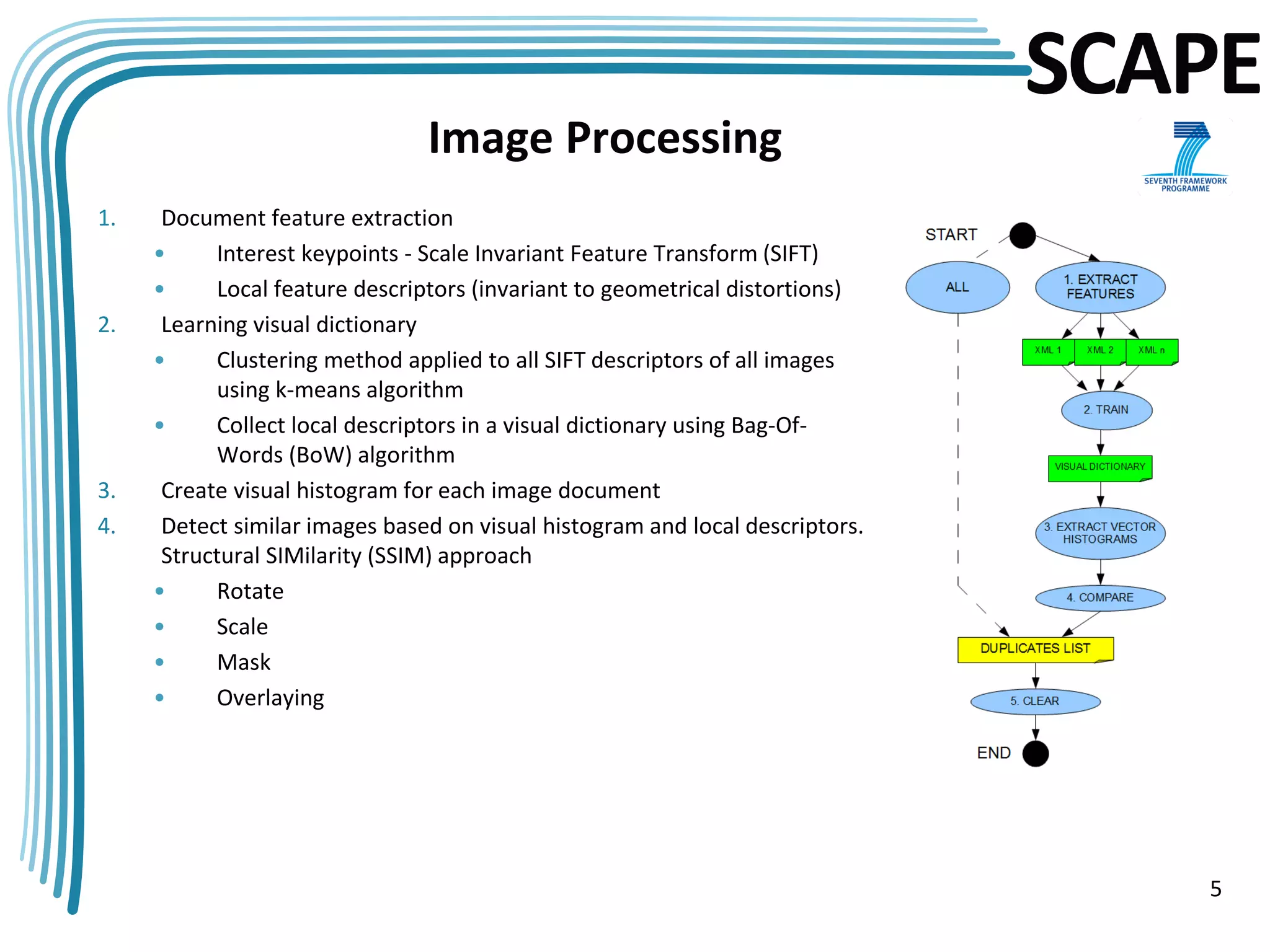 SCAPE
                                Image Processing
1.    Document feature extraction
     •     Interest keypoints - Scale Invariant Feature Transform (SIFT)
     •     Local feature descriptors (invariant to geometrical distortions)
2.    Learning visual dictionary
     •     Clustering method applied to all SIFT descriptors of all images
           using k-means algorithm
     •     Collect local descriptors in a visual dictionary using Bag-Of-
           Words (BoW) algorithm
3.    Create visual histogram for each image document
4.    Detect similar images based on visual histogram and local descriptors.
      Structural SIMilarity (SSIM) approach
     •     Rotate
     •     Scale
     •     Mask
     •     Overlaying




                                                                                  5
 