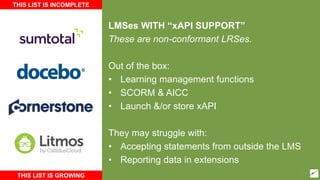 LMSes WITH “xAPI SUPPORT”
These are non-conformant LRSes.
Out of the box:
• Learning management functions
• SCORM & AICC
• Launch &/or store xAPI
They may struggle with:
• Accepting statements from outside the LMS
• Reporting data in extensions
THIS LIST IS INCOMPLETE
THIS LIST IS GROWING 39
 