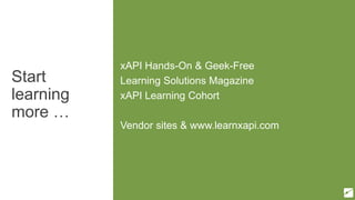 Start
learning
more …
xAPI Hands-On & Geek-Free
Learning Solutions Magazine
xAPI Learning Cohort
Vendor sites & www.learnxapi.com
 