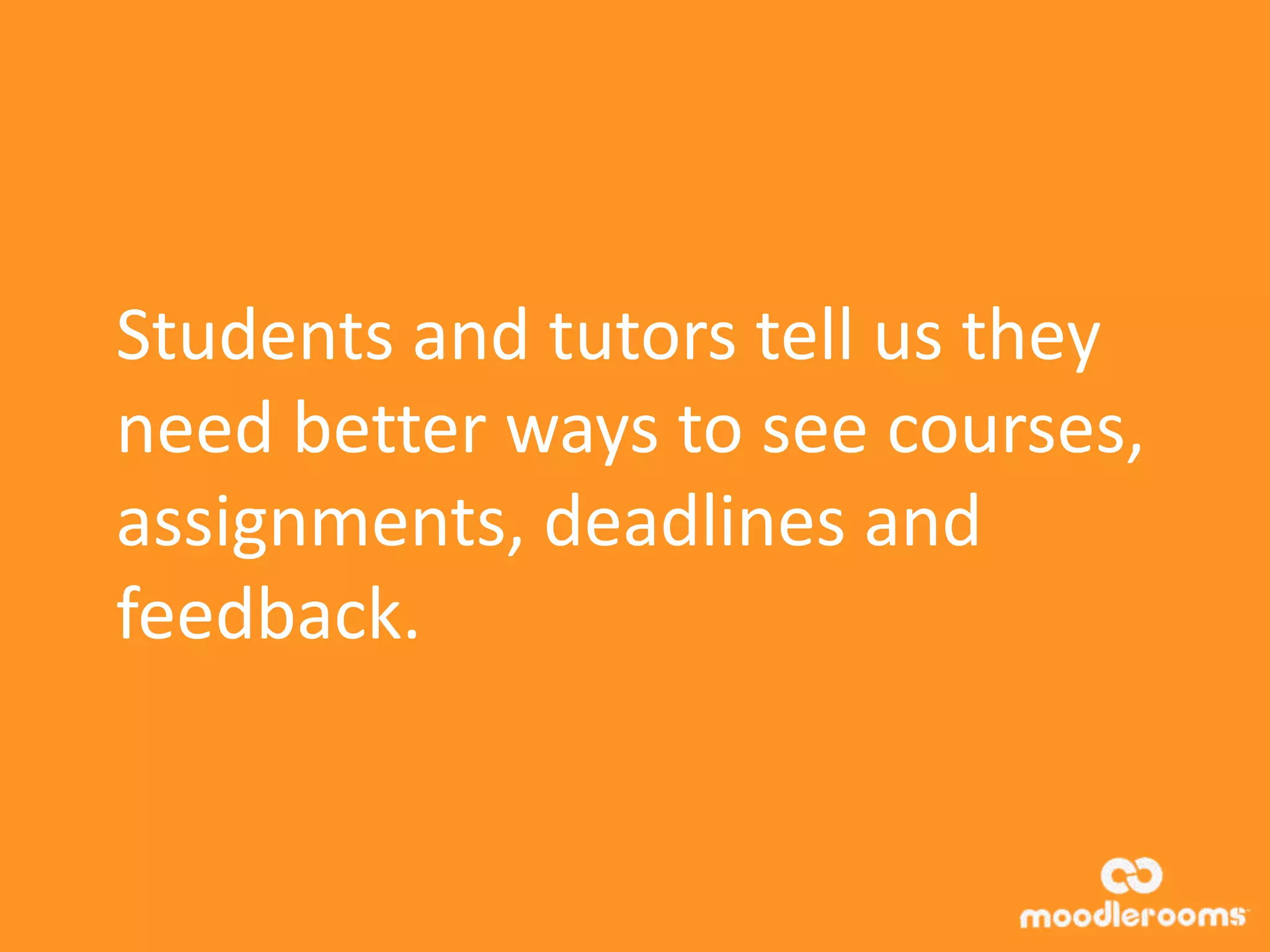 Students and tutors tell us they
need better ways to see courses,
assignments, deadlines and
feedback.
 