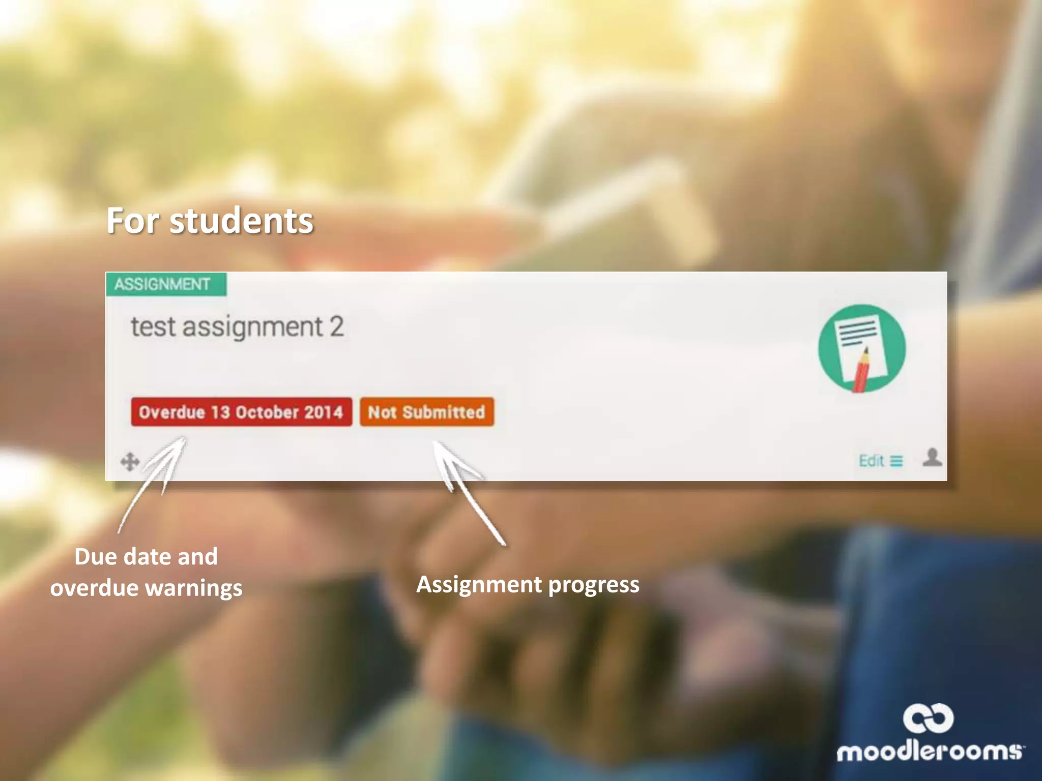 Due date and
overdue warnings Assignment progress
For students
 