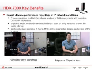 HDX 7000 Key Benefits Expect ultimate performance regardless of IP network conditions Provide consistent quality to/from home workers or field deployments with incredible QoS for IP packet loss Enjoy the expert lecturer in remarkable clarity – even on ‘dirty networks’ or over the public Internet  Confidently share complete X-Ray’s, MRI’s or live diagnostics despite packet loss of 5% or more Competitor at 5% packet loss Polycom at 5% packet loss 