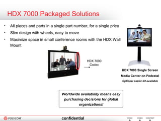 HDX 7000 Packaged Solutions All pieces and parts in a single part number, for a single price Slim design with wheels, easy to move Maximize space in small conference rooms with the HDX Wall Mount HDX 7000 Codec Worldwide availability means easy purchasing decisions for global organizations! HDX 7000 Single Screen Media Center on Pedestal Optional caster kit available 