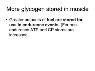 More glycogen stored in muscleGreater amounts of fuel are stored for use in endurance events. (For non-endurance ATP and CP stores are increased.