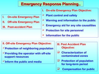 Emergency Response Planning..
Emergency Response Planning..
I. On-site Emergency Plan
II. Off-site Emergency Plan
III. Post-accident Plan
I. On-site Emergency Plan Objective:
 Plant control and safety
 Warning and information to the public
 Emergency aid for any site causalities
 Protection for site personnel
 Information for the public
II. Off-site Emergency Plan Objective:
Protection of neighboring population
Providing the operator with off-site
support resources
Inform the public and media
III. Post Accident Plan
Objective:
 Characterization of
contaminated zones
 Protection of population
for long-term period
 Compensation for public
 