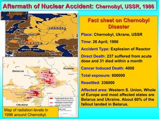 Aftermath of Nuclear Accident:
Aftermath of Nuclear Accident: Chernobyl, USSR, 1986
Chernobyl, USSR, 1986
Fact sheet on Chernobyl
Fact sheet on Chernobyl
Disaster
Disaster
Place: Chernobyl, Ukrane, USSR
Time: 26 April, 1986
Accident Type: Explosion of Reactor
Direct Death: 237 suffered from acute
dose and 31 died within a month
Cancer Induced Death: 4000
Total exposure: 600000
Resettled: 336000
Affected area: Western S. Union, Whole
of Europe and most affected states are
Belarus and Ukraine. About 60% of the
fallout landed in Belarus.
Map of radiation levels in
1996 around Chernobyl.
 