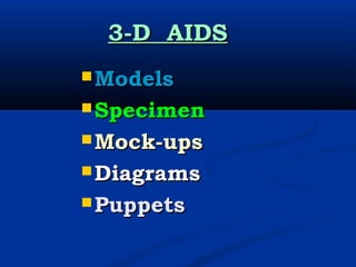 3-D AIDS3-D AIDS
 ModelsModels
 SpecimenSpecimen
 Mock-upsMock-ups
 DiagramsDiagrams
 PuppetsPuppets
 