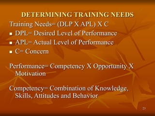 23
DETERMINING TRAINING NEEDS
Training Needs= (DLP X APL) X C
 DPL= Desired Level of Performance
 APL= Actual Level of Performance
 C= Concern
Performance= Competency X Opportunity X
Motivation
Competency= Combination of Knowledge,
Skills, Attitudes and Behavior
 