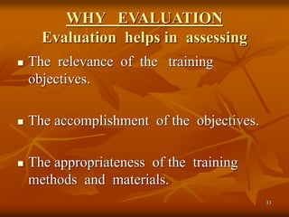 33
WHY EVALUATION
Evaluation helps in assessing
 The relevance of the training
objectives.
 The accomplishment of the objectives.
 The appropriateness of the training
methods and materials.
 
