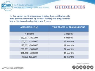 G. For partner or client-sponsored training &/or certifications, the
bond period is determined by the total training cost using the table
below. Maximum bond period is also 3 years.
AMOUNT (In Php) TIME FRAME for TRAINING BOND
< 50,000 3 months
50,001 - 100, 000 6 months
100,001 - 150,000 12 months
150,001 - 200,000 18 months
200,001 - 300,000 24 months
301,000 - 400,000 30 months
Above 400,000 36 months
 