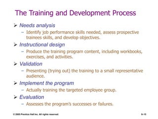© 2005 Prentice Hall Inc. All rights reserved. 8–15
The Training and Development Process
 Needs analysis
– Identify job performance skills needed, assess prospective
trainees skills, and develop objectives.
 Instructional design
– Produce the training program content, including workbooks,
exercises, and activities.
 Validation
– Presenting (trying out) the training to a small representative
audience.
 Implement the program
– Actually training the targeted employee group.
 Evaluation
– Assesses the program’s successes or failures.
 