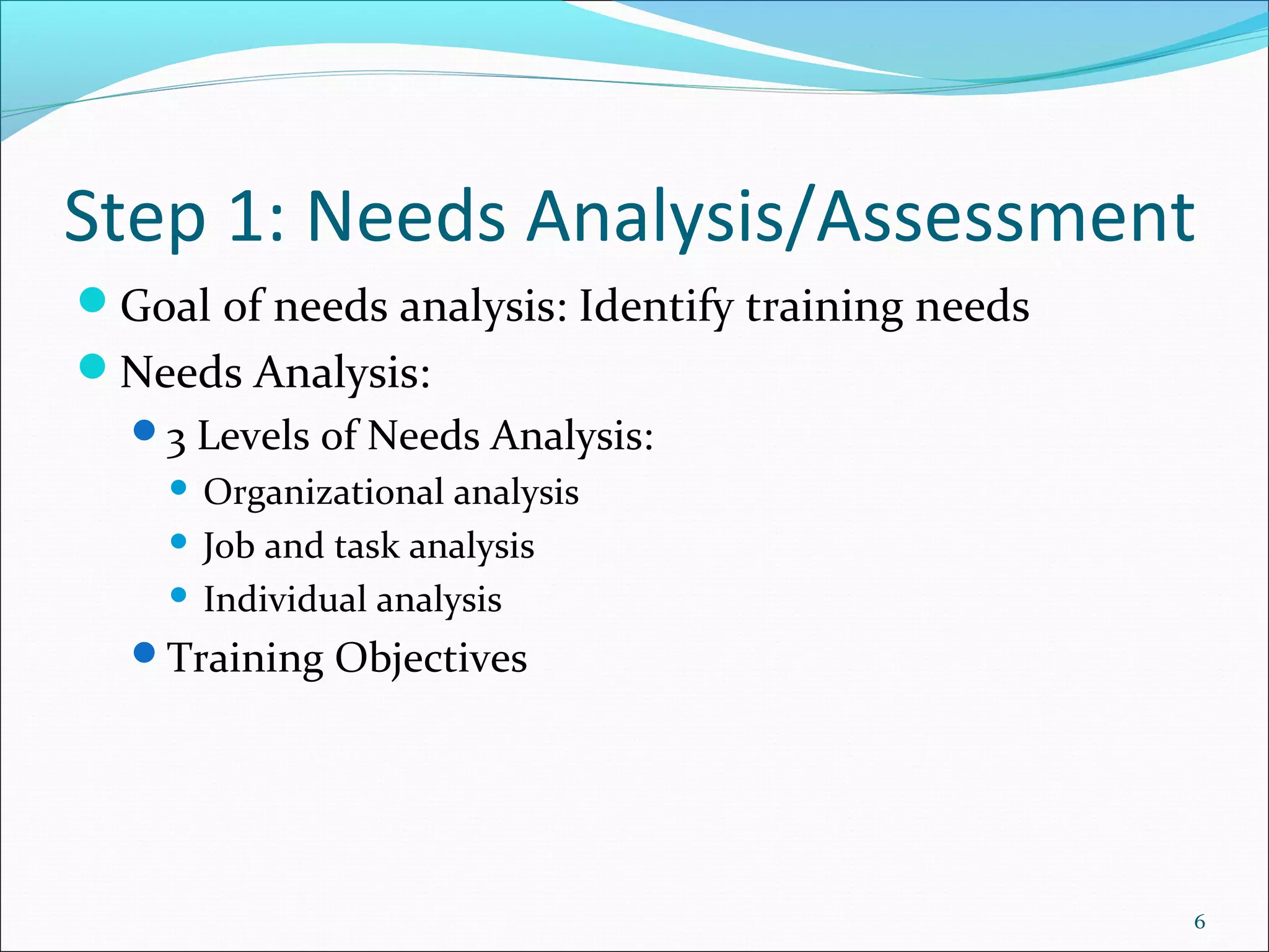 Step 1: Needs Analysis/Assessment
Goal of needs analysis: Identify training needs
Needs Analysis:
3 Levels of Needs Analysis:
 Organizational analysis
 Job and task analysis
 Individual analysis
Training Objectives
6
 