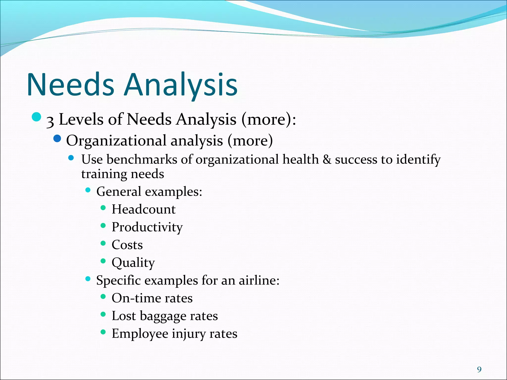 Needs Analysis
3 Levels of Needs Analysis (more):
Organizational analysis (more)
 Use benchmarks of organizational health & success to identify
training needs
 General examples:
 Headcount
 Productivity
 Costs
 Quality
 Specific examples for an airline:
 On-time rates
 Lost baggage rates
 Employee injury rates
9
 