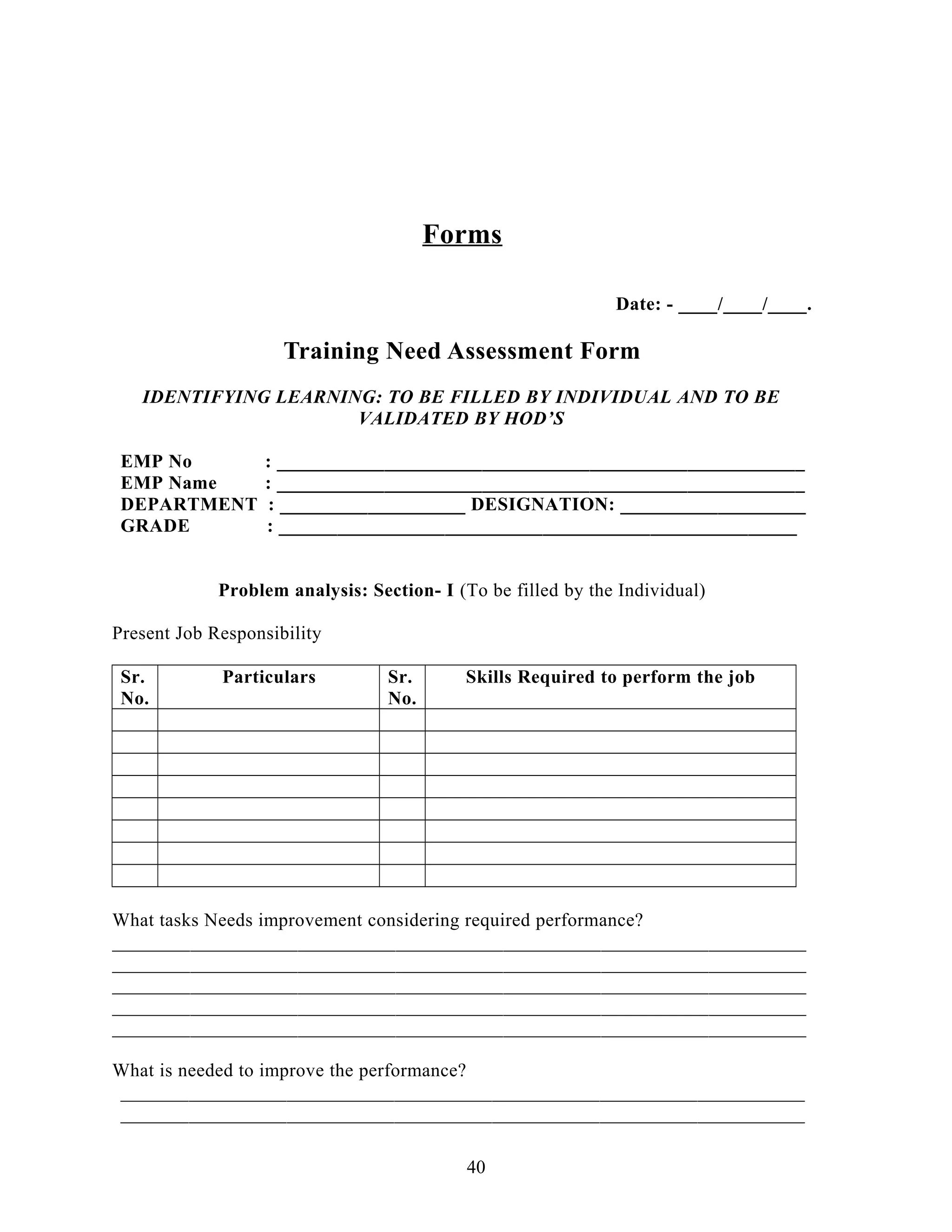 Forms
Date: - ____/____/____.
Training Need Assessment Form
IDENTIFYING LEARNING: TO BE FILLED BY INDIVIDUAL AND TO BE
VALIDATED BY HOD’S
EMP No : ______________________________________________________
EMP Name : ______________________________________________________
DEPARTMENT : ___________________ DESIGNATION: ___________________
GRADE : _____________________________________________________
Problem analysis: Section- I (To be filled by the Individual)
Present Job Responsibility
Sr.
No.
Particulars Sr.
No.
Skills Required to perform the job
What tasks Needs improvement considering required performance?
_______________________________________________________________________
_______________________________________________________________________
_______________________________________________________________________
_______________________________________________________________________
_______________________________________________________________________
What is needed to improve the performance?
______________________________________________________________________
______________________________________________________________________
40
 