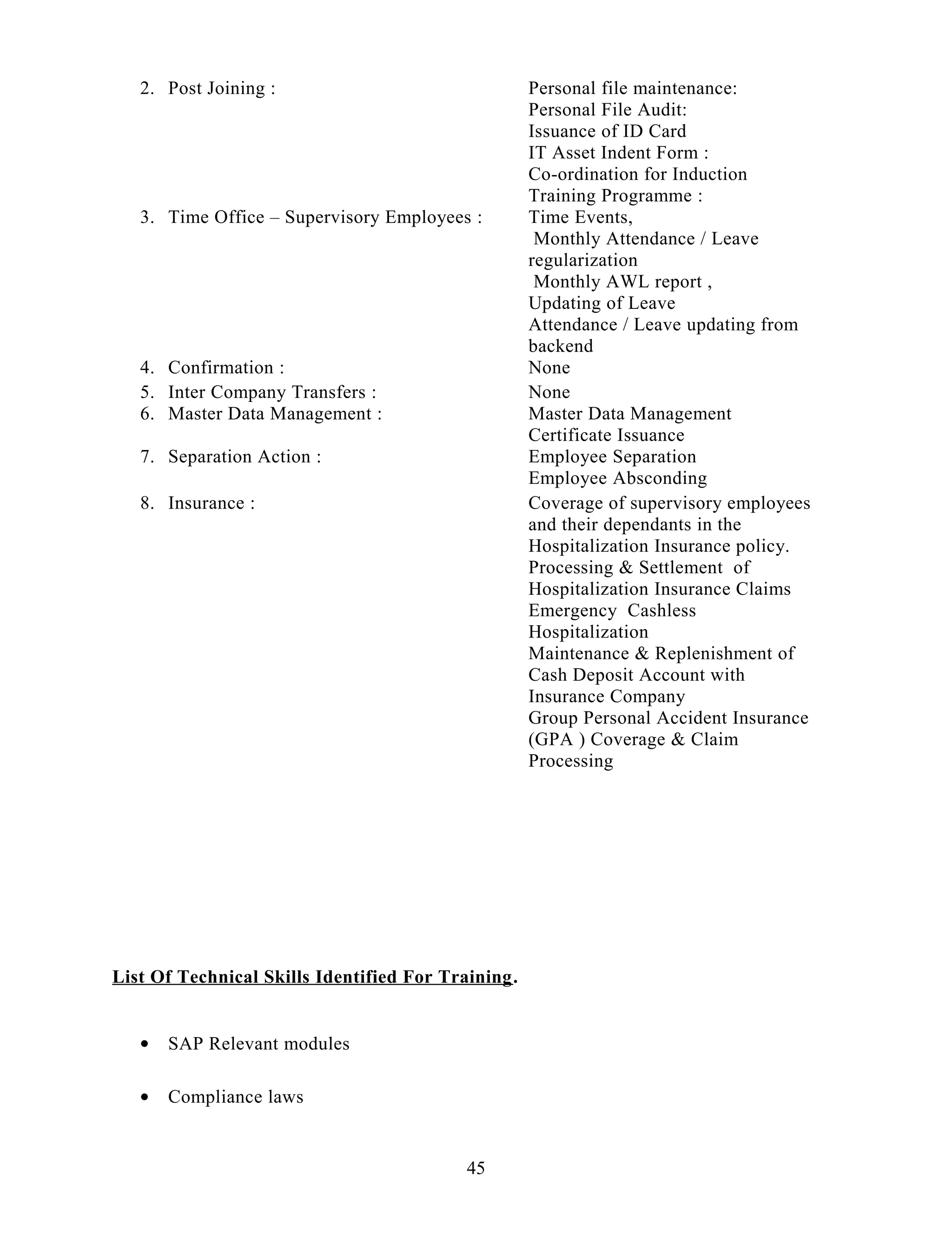 2. Post Joining : Personal file maintenance:
Personal File Audit:
Issuance of ID Card
IT Asset Indent Form :
Co-ordination for Induction
Training Programme :
3. Time Office – Supervisory Employees : Time Events,
Monthly Attendance / Leave
regularization
Monthly AWL report ,
Updating of Leave
Attendance / Leave updating from
backend
4. Confirmation : None
5. Inter Company Transfers : None
6. Master Data Management : Master Data Management
Certificate Issuance
7. Separation Action : Employee Separation
Employee Absconding
8. Insurance : Coverage of supervisory employees
and their dependants in the
Hospitalization Insurance policy.
Processing & Settlement of
Hospitalization Insurance Claims
Emergency Cashless
Hospitalization
Maintenance & Replenishment of
Cash Deposit Account with
Insurance Company
Group Personal Accident Insurance
(GPA ) Coverage & Claim
Processing
List Of Technical Skills Identified For Training.
• SAP Relevant modules
• Compliance laws
45
 