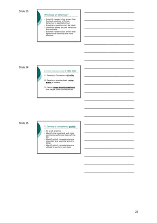 25
Slide 13
Why focus on behaviour?
 Scientific research has shown that
the best predictor of future
behaviour is past behaviour
 Imaginary questions can be faked
 Questions based on past behaviour
are verifiable
 Scientific research has shown that
behavioural based Qs are more
effective
___________________________________
___________________________________
___________________________________
___________________________________
___________________________________
___________________________________
___________________________________
Slide 14
A model based process of CBBI Skills
1. Develop a Competency Profile
2. Develop a standardised rating
scale or system
3. Design open-ended questions
that target those competencies
___________________________________
___________________________________
___________________________________
___________________________________
___________________________________
___________________________________
___________________________________
Slide 15
1. Develop a competency profile
 Do a job analysis
 Identify the important and most
commonly performed tasks of the
job
 Identify which competencies are
important and essential at entry
stage
 Identify which competencies are
utilised to perform each task
___________________________________
___________________________________
___________________________________
___________________________________
___________________________________
___________________________________
___________________________________
 