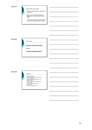 33
Slide 37
How to train your raters
 Devise scripts based on behavioural
examples
 Video record role plays depicting
applicants of various performance
levels
 Have raters apply the scales to each
scenario and calibrate their ratings
___________________________________
___________________________________
___________________________________
___________________________________
___________________________________
___________________________________
___________________________________
Slide 38
And finally!
Practice, practice, practice
Because
“Practice makes perfect!”
___________________________________
___________________________________
___________________________________
___________________________________
___________________________________
___________________________________
___________________________________
Slide 39
Contacts
 Alison Kingston
email alisonkingston@hotmail.com
o Eirini Karafylidou
email ekarafylidou@yahoo.co.uk
o Maria McNally
email mariamac50@hotmail.com
o Paula Oates
paula_oates@hotmail.com
o Roland Teye
rolandteye@hotmail.com
___________________________________
___________________________________
___________________________________
___________________________________
___________________________________
___________________________________
___________________________________
 