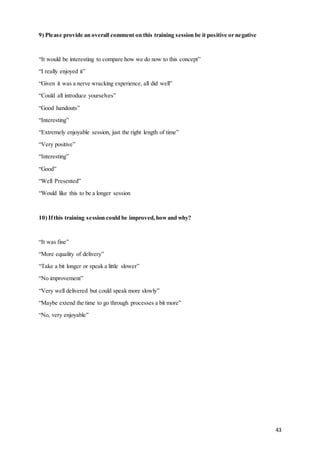 43
9) Please provide an overall comment on this training session be it positive or negative
“It would be interesting to compare how we do now to this concept”
“I really enjoyed it”
“Given it was a nerve wracking experience, all did well”
“Could all introduce yourselves”
“Good handouts”
“Interesting”
“Extremely enjoyable session, just the right length of time”
“Very positive”
“Interesting”
“Good”
“Well Presented”
“Would like this to be a longer session
10) Ifthis training session could be improved,howand why?
“It was fine”
“More equality of delivery”
“Take a bit longer or speak a little slower”
“No improvement”
“Very well delivered but could speak more slowly”
“Maybe extend the time to go through processes a bit more”
“No, very enjoyable”
 