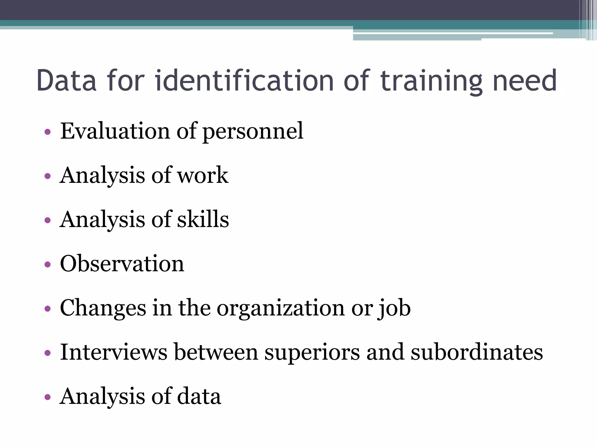 Data for identification of training need 
• Evaluation of personnel 
• Analysis of work 
• Analysis of skills 
• Observation 
• Changes in the organization or job 
• Interviews between superiors and subordinates 
• Analysis of data 
 