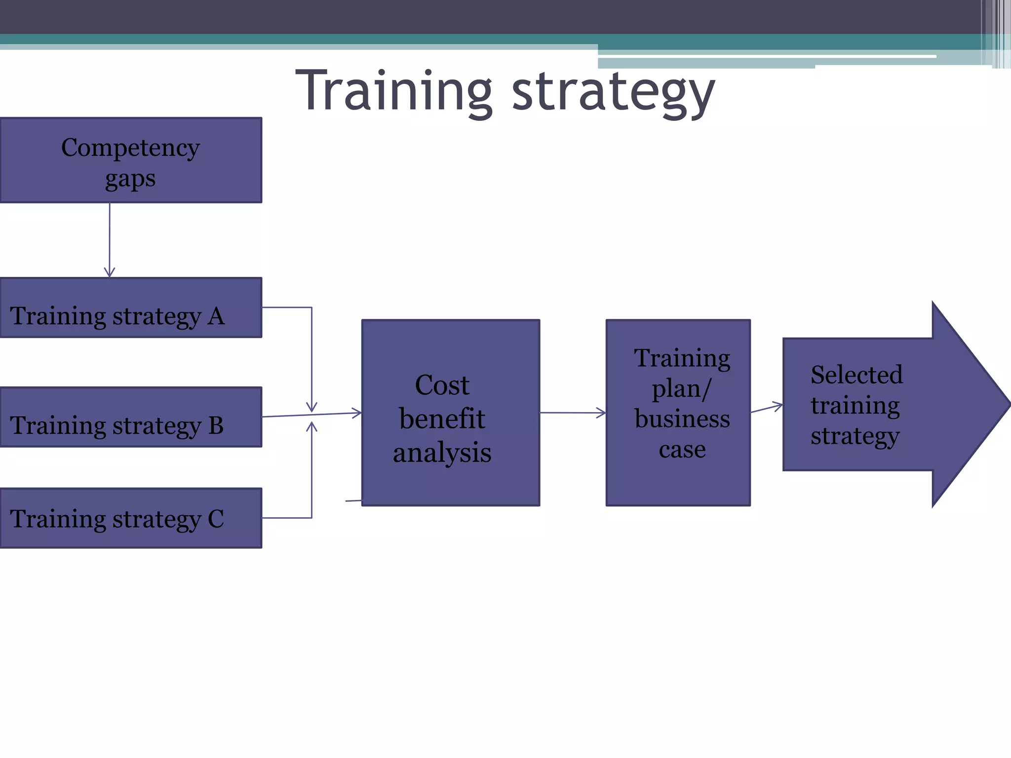 Training strategy 
Competency 
gaps 
Training strategy A 
Training strategy B 
Training strategy C 
Cost 
benefit 
analysis 
Training 
plan/ 
business 
case 
Selected 
training 
strategy 
 