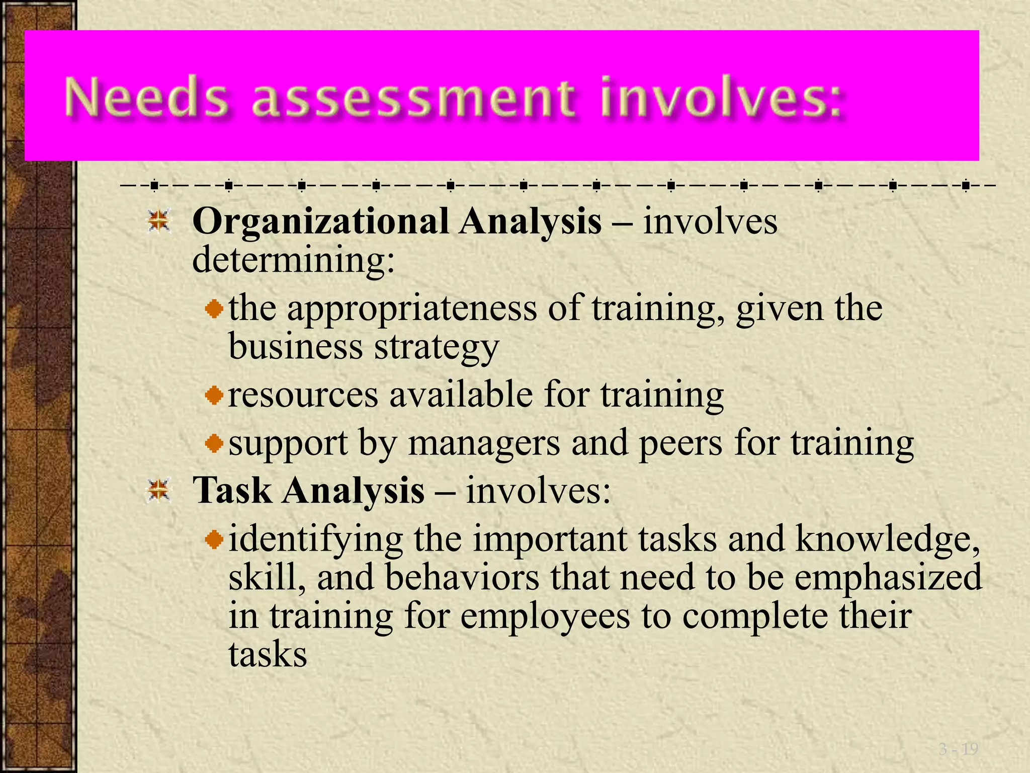 Organizational Analysis – involves 
determining: 
the appropriateness of training, given the 
business strategy 
resources available for training 
support by managers and peers for training 
Task Analysis – involves: 
identifying the important tasks and knowledge, 
skill, and behaviors that need to be emphasized 
in training for employees to complete their 
tasks 
3 - 19 
 