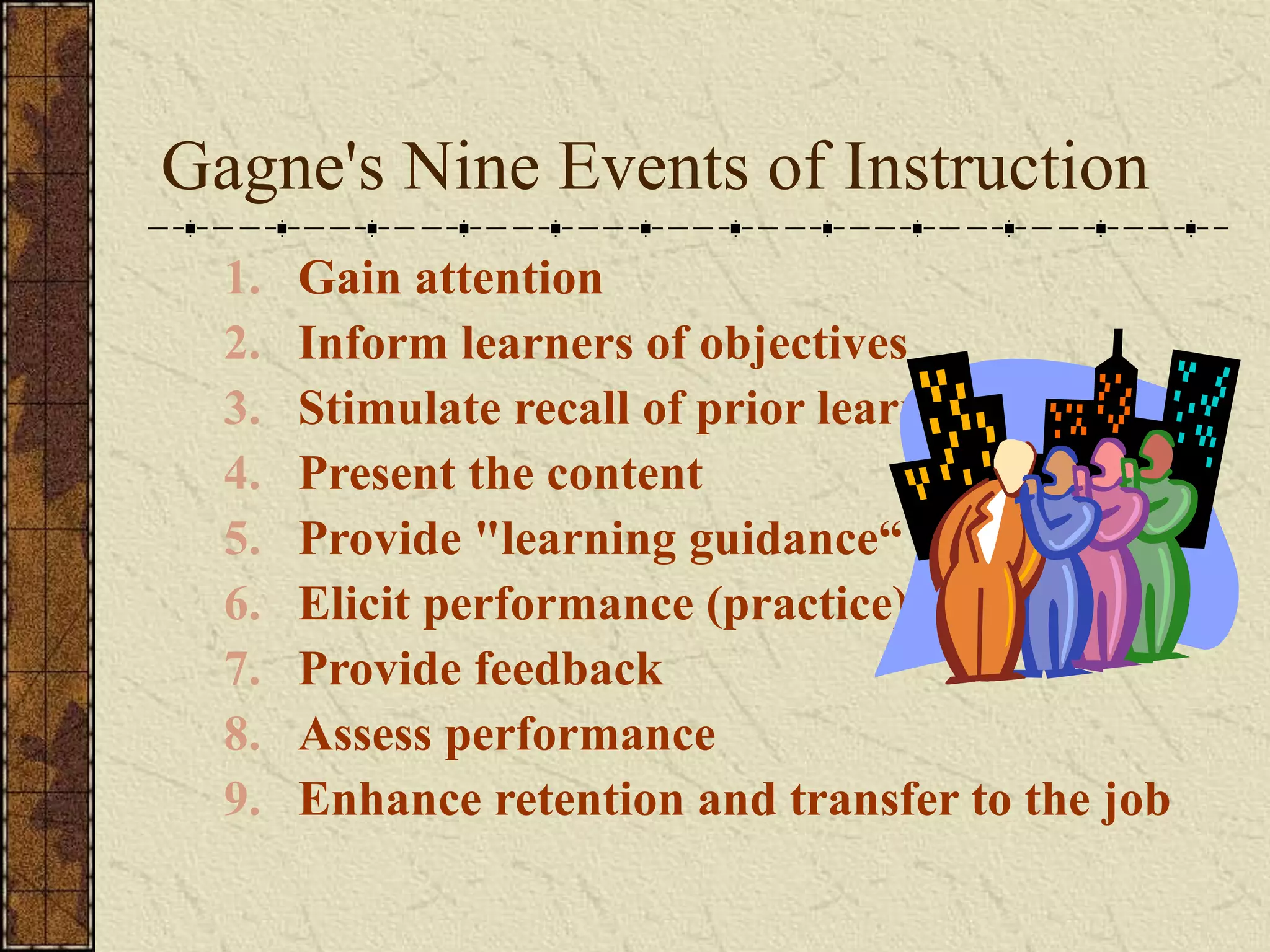 Gagne's Nine Events of Instruction 
1. Gain attention 
2. Inform learners of objectives 
3. Stimulate recall of prior learning 
4. Present the content 
5. Provide "learning guidance“ 
6. Elicit performance (practice) 
7. Provide feedback 
8. Assess performance 
9. Enhance retention and transfer to the job 
 