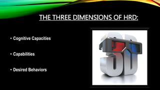 THE THREE DIMENSIONS OF HRD:
• Cognitive Capacities
• Capabilities
• Desired Behaviors
 