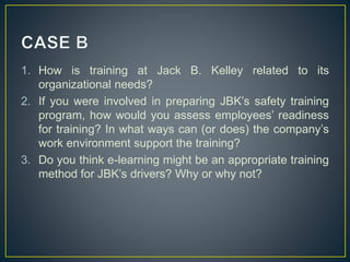 1. How is training at Jack B. Kelley related to its
organizational needs?
2. If you were involved in preparing JBK’s safety training
program, how would you assess employees’ readiness
for training? In what ways can (or does) the company’s
work environment support the training?
3. Do you think e-learning might be an appropriate training
method for JBK’s drivers? Why or why not?
 