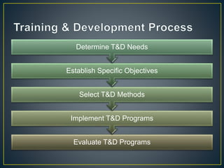 Evaluate T&D Programs
Implement T&D Programs
Select T&D Methods
Establish Specific Objectives
Determine T&D Needs
 