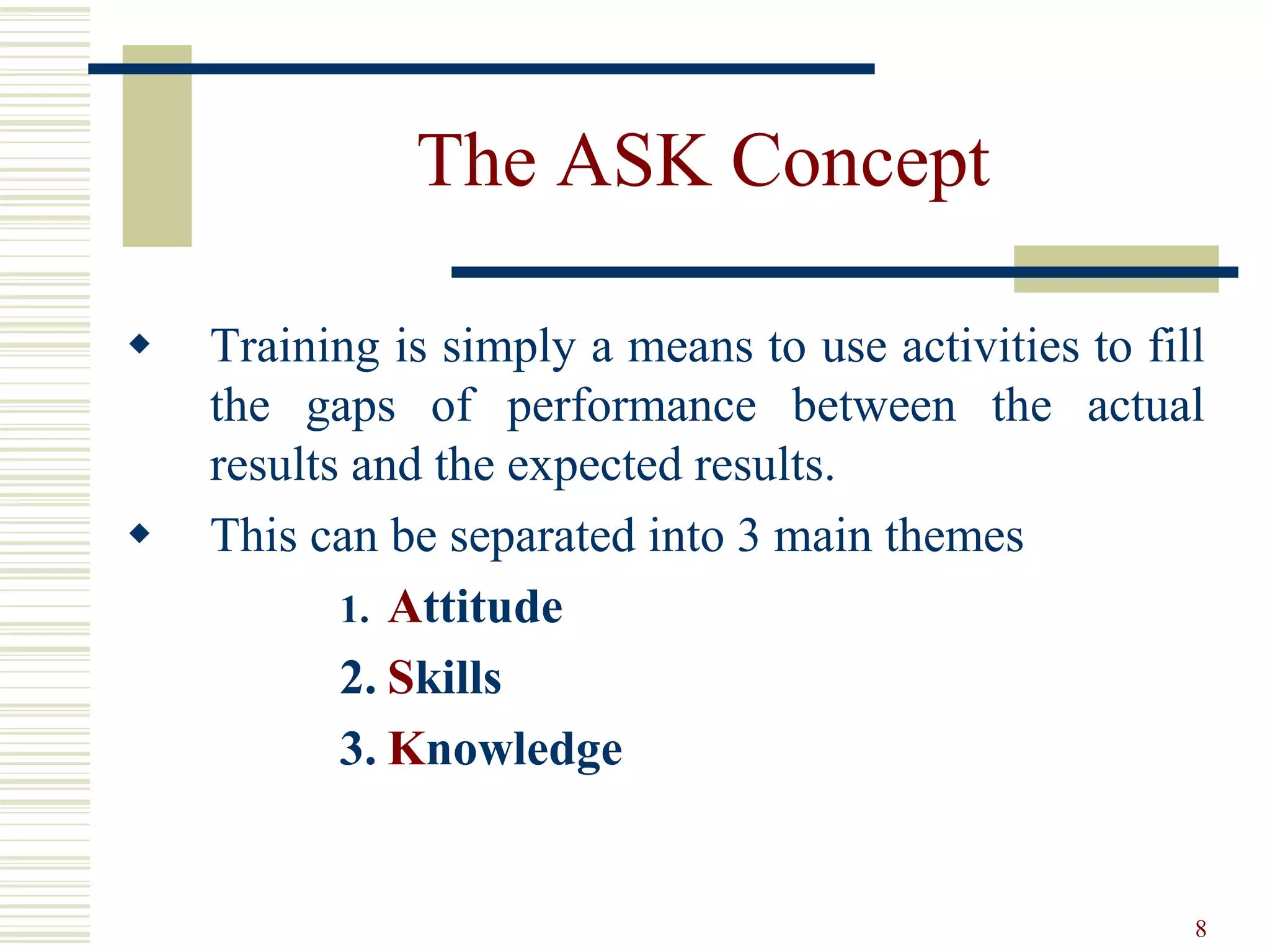 8
The ASK Concept
 Training is simply a means to use activities to fill
the gaps of performance between the actual
results and the expected results.
 This can be separated into 3 main themes
1. Attitude
2. Skills
3. Knowledge
 