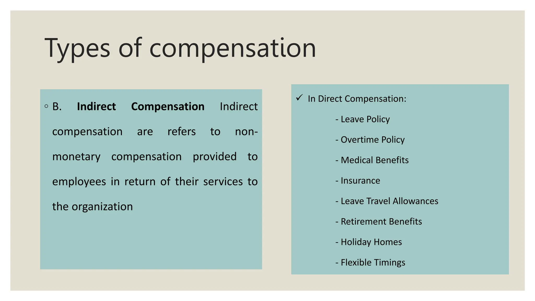 Types of compensation
◦ B. Indirect Compensation Indirect
compensation are refers to non-
monetary compensation provided to
employees in return of their services to
the organization
 In Direct Compensation:
- Leave Policy
- Overtime Policy
- Medical Benefits
- Insurance
- Leave Travel Allowances
- Retirement Benefits
- Holiday Homes
- Flexible Timings
 