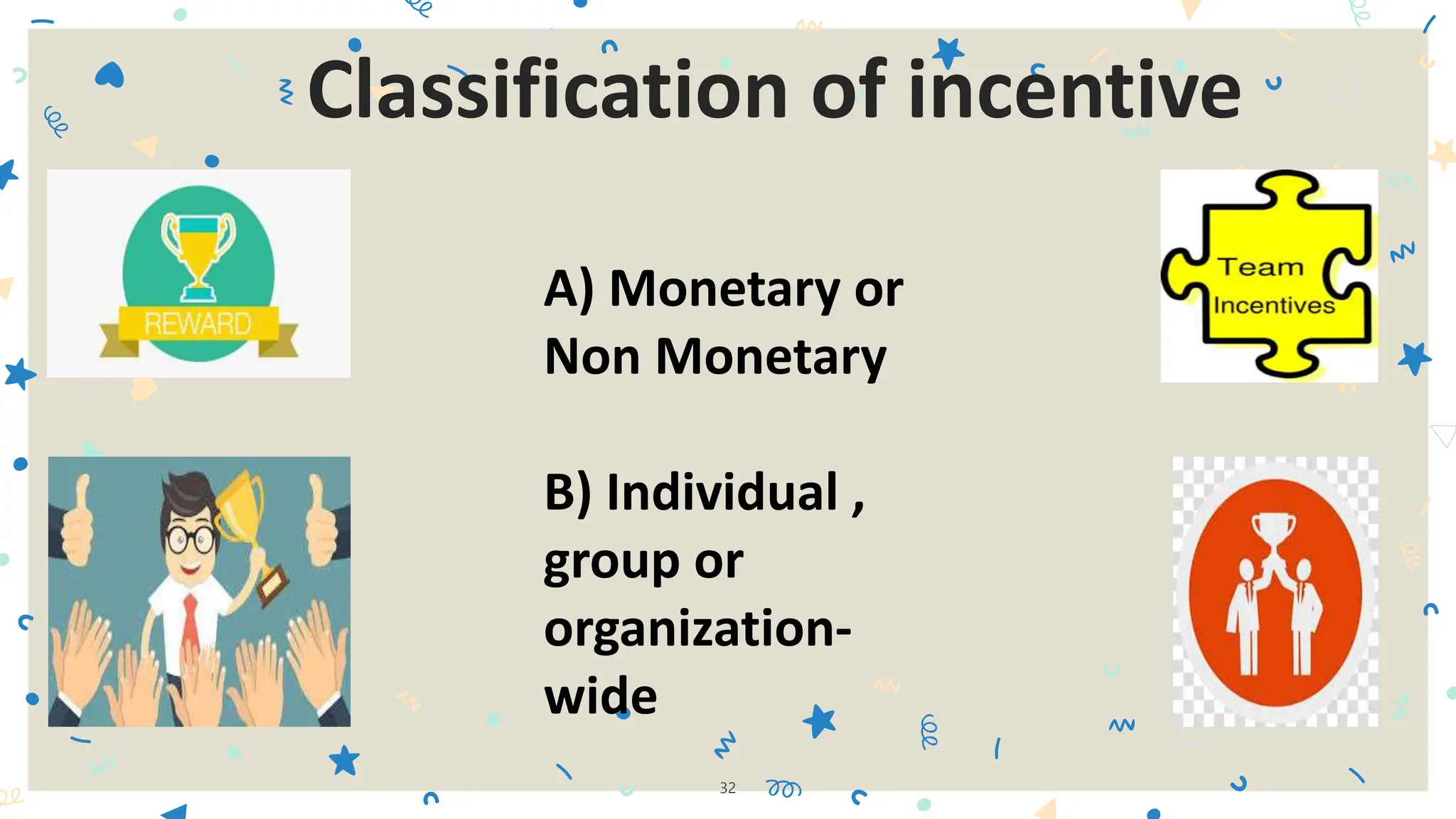 32
Classification of incentive
A) Monetary or
Non Monetary
B) Individual ,
group or
organization-
wide
 