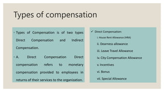 Types of compensation
◦ Types of Compensation is of two types
Direct Compensation and Indirect
Compensation.
◦ A. Direct Compensation Direct
compensation refers to monetary
compensation provided to employees in
returns of their services to the organization.
 Direct Compensation:
i. House Rent Allowance (HRA)
ii. Dearness allowance
iii. Leave Travel Allowance
iv. City Compensation Allowance
v. Incentives
vi. Bonus
vii. Special Allowance
 