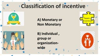 32
Classification of incentive
A) Monetary or
Non Monetary
B) Individual ,
group or
organization-
wide
 