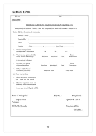 45
Feedback Forms
File No. ________________________ Date : ___________
FORM NO.04
FEEDBACK ON TRAINING COURSES/SEMINARS/WORK SHOP ETC.
Kindly arrange to return the „Feedback Form‟ duly completed (with HODs/SHs Remarks) & send to HRD
Section (P&A), at the earliest, for our records.
Nature of Course : ______________________________________________________________
Organized By : ______________________________________________________________
Venue : ______________________________________________________________
Duration : From _____________ to ______________ No. of Days _______________
1. Was the training material
provided, clear & informative Yes No NA
2. What was your opinion about the Below
faculty interms of knowledge Excellent Very Good Good Expectations
& instructional techniques
3. What was your opinion Below
of the course contents ? Excellent Very Good Good Expectations
4. Did you find the Course
Relevant to your needs? Immediate needs Future needs
4a) If yes, what are those
1. Please elucidate in few sentences
your view on the course
2. Please list suggestions based on
knowledge gained, for application
in your area of work/Dept. & in GSL.
Name of Participants: Emp.No. : Designation :
Dept./Section Signature & Date of
Participant
HODs/SHs Remarks Signature & Date
OIC (TRG.)
 