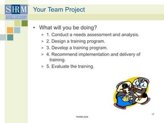 Your Team Project
• What will you be doing?
> 1. Conduct a needs assessment and analysis.
> 2. Design a training program.
> 3. Develop a training program.
> 4. Recommend implementation and delivery of
training.
> 5. Evaluate the training.
©SHRM 2009
17
 