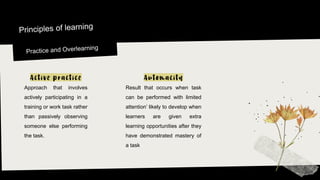 MDM Company
Approach that involves
actively participating in a
training or work task rather
than passively observing
someone else performing
the task.
Result that occurs when task
can be performed with limited
attention’ likely to develop when
learners are given extra
learning opportunities after they
have demonstrated mastery of
a task
 