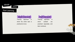 Training approach in
which the entire task is
practiced at once.
Training approach in
which subtask are
practiced separately and
later combined.
 