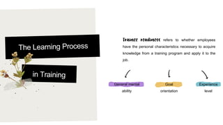 refers to whether employees
have the personal characteristics necessary to acquire
knowledge from a training program and apply it to the
job.
General mental
ability
Goal
orientation
Experience
level
 