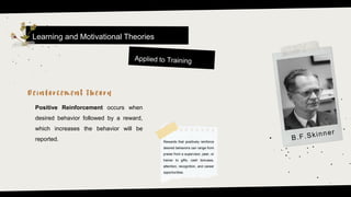 Learning and Motivational Theories
Positive Reinforcement occurs when
desired behavior followed by a reward,
which increases the behavior will be
reported. Rewards that positively reinforce
desired behaviors can range from
praise from a supervisor, peer, or
trainer to gifts, cash bonuses,
attention, recognition, and career
opportunities.
 