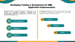 Developing Training & Development for HRIS
Application Implementation
Training Needs Analysis (TNA) is the process in
which the company identifies training and
development needs of its employees so that they can
do their job effectively.
T & D Initiatives
Objectives
Methods
Learning Event is considered successful if it is leads
to transfer of learning , noticeable and permanent
change in behavior in the trainees.
Content
Method
Media
 