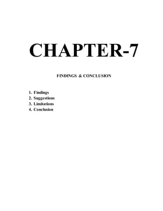 CHAPTER-7
FINDINGS & CONCLUSION
1. Findings
2. Suggestions
3. Limitations
4. Conclusion
 