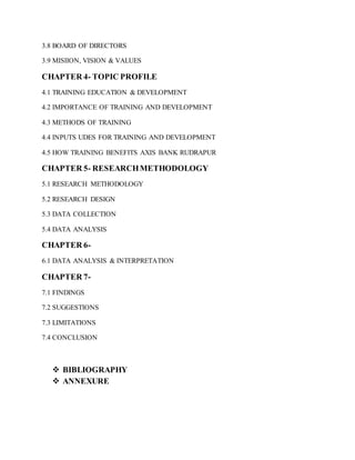 3.8 BOARD OF DIRECTORS
3.9 MISIION, VISION & VALUES
CHAPTER 4- TOPIC PROFILE
4.1 TRAINING EDUCATION & DEVELOPMENT
4.2 IMPORTANCE OF TRAINING AND DEVELOPMENT
4.3 METHODS OF TRAINING
4.4 INPUTS UDES FOR TRAINING AND DEVELOPMENT
4.5 HOW TRAINING BENEFITS AXIS BANK RUDRAPUR
CHAPTER 5- RESEARCHMETHODOLOGY
5.1 RESEARCH METHODOLOGY
5.2 RESEARCH DESIGN
5.3 DATA COLLECTION
5.4 DATA ANALYSIS
CHAPTER 6-
6.1 DATA ANALYSIS & INTERPRETATION
CHAPTER 7-
7.1 FINDINGS
7.2 SUGGESTIONS
7.3 LIMITATIONS
7.4 CONCLUSION
 BIBLIOGRAPHY
 ANNEXURE
 