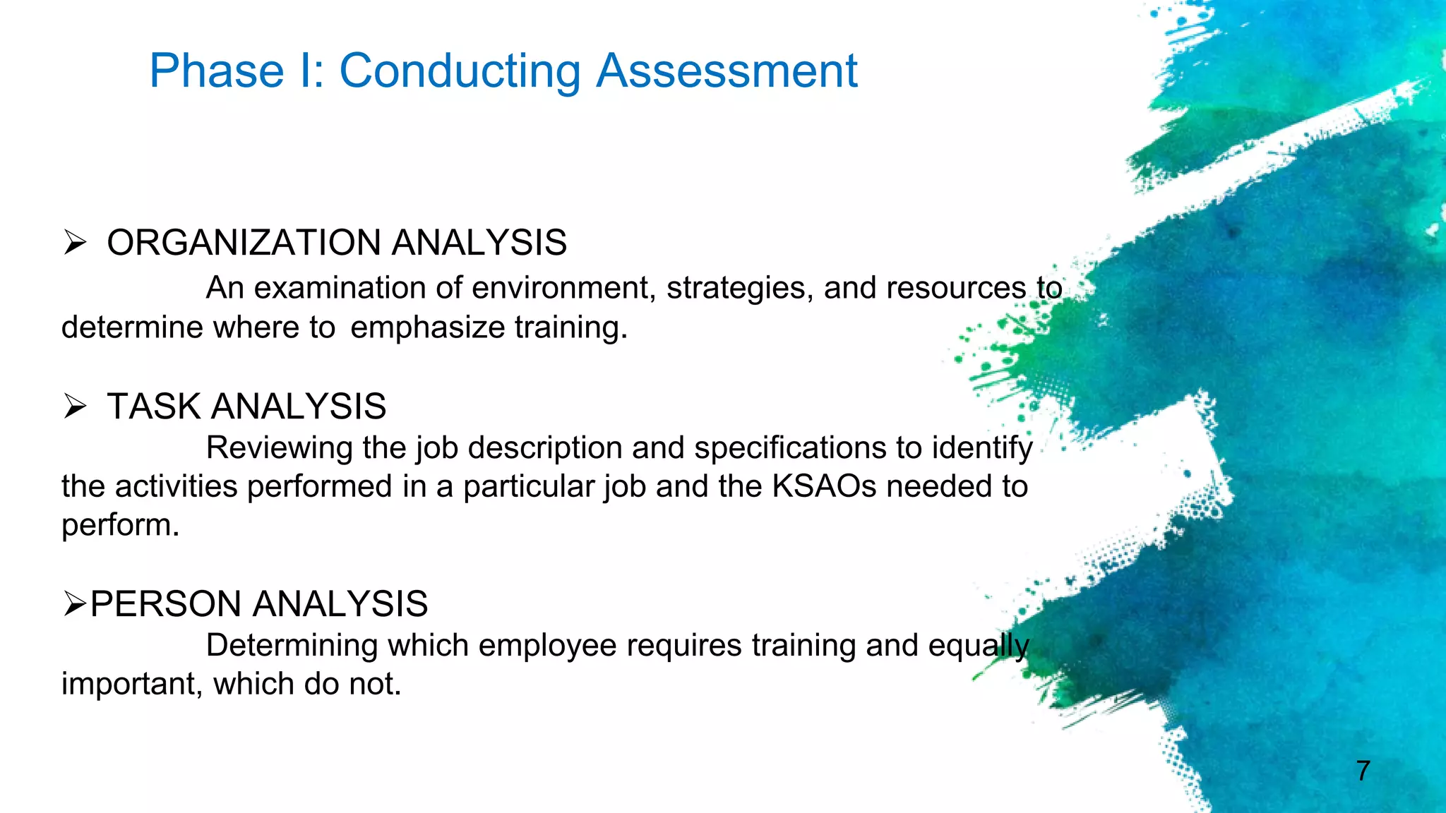7
Phase I: Conducting Assessment
 ORGANIZATION ANALYSIS
An examination of environment, strategies, and resources to
determine where to emphasize training.
 TASK ANALYSIS
Reviewing the job description and specifications to identify
the activities performed in a particular job and the KSAOs needed to
perform.
PERSON ANALYSIS
Determining which employee requires training and equally
important, which do not.
 